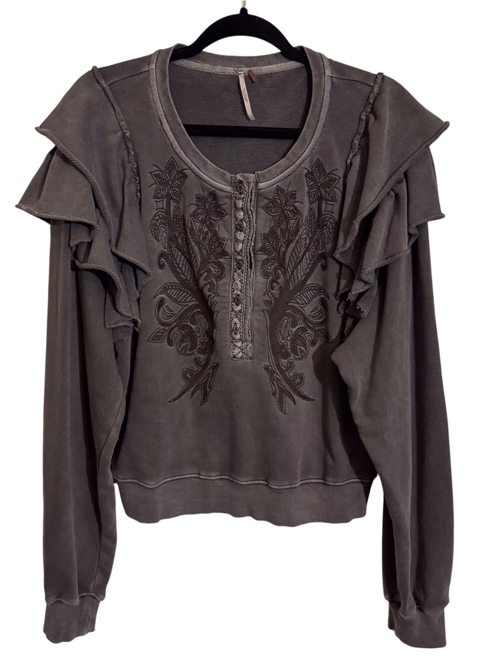 Free People Size Large Gray Harriet Sweatshirt Floral Embroidered Boho Sweater